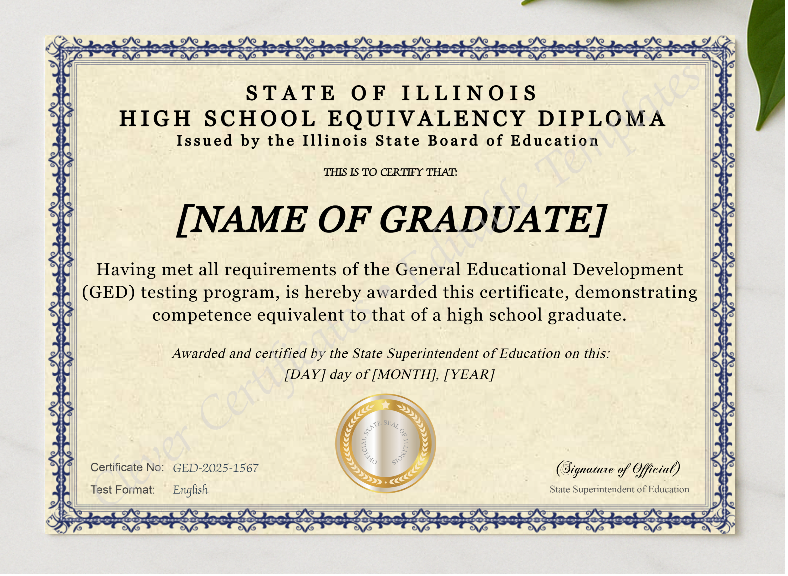 Illinois GED presented in a sleek wooden frame, elegantly arranged on a stylish table.