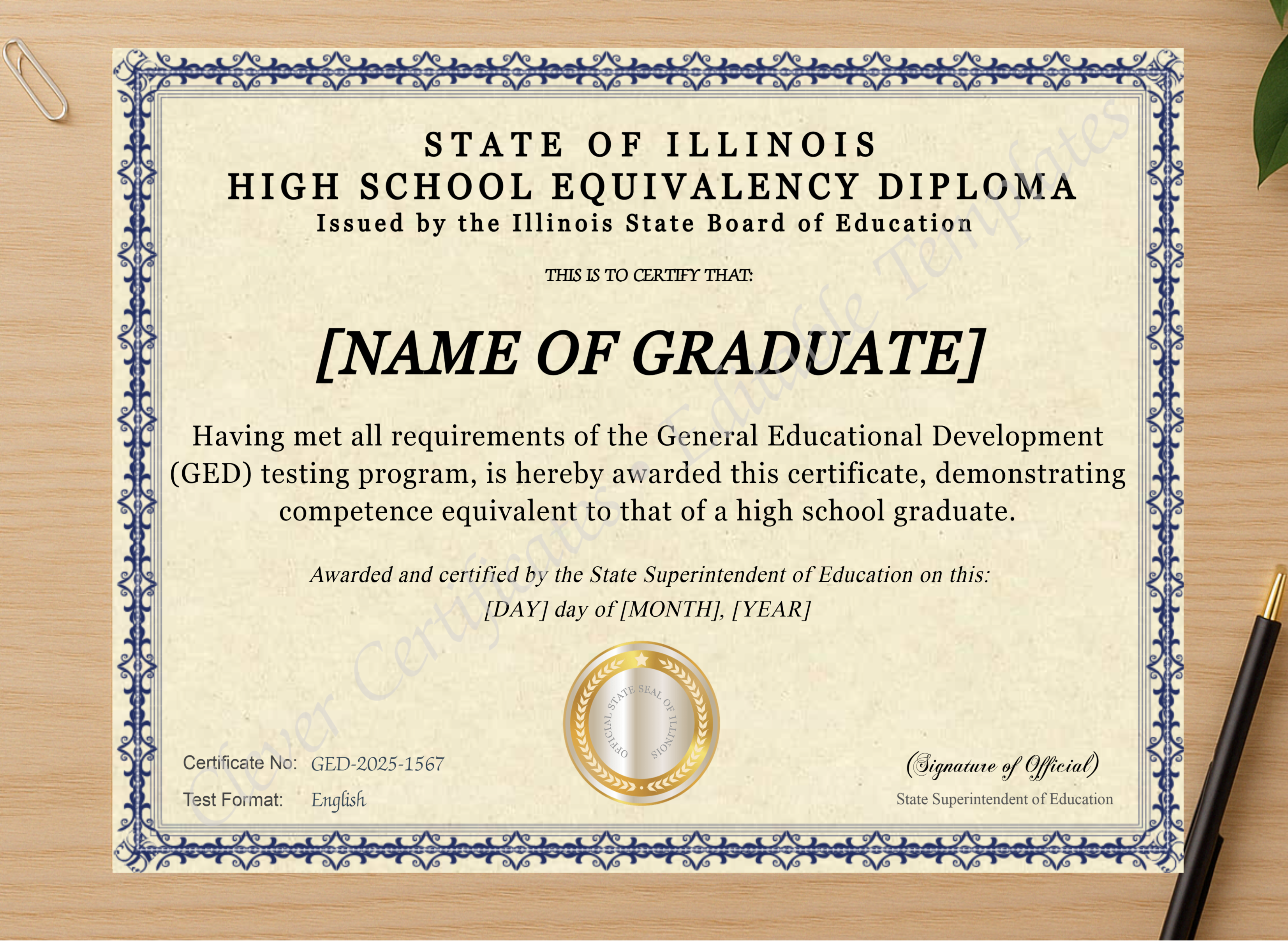 Professional preview of Illinois GED certificate on high-quality stationery paper, ideal for showcasing the final look.