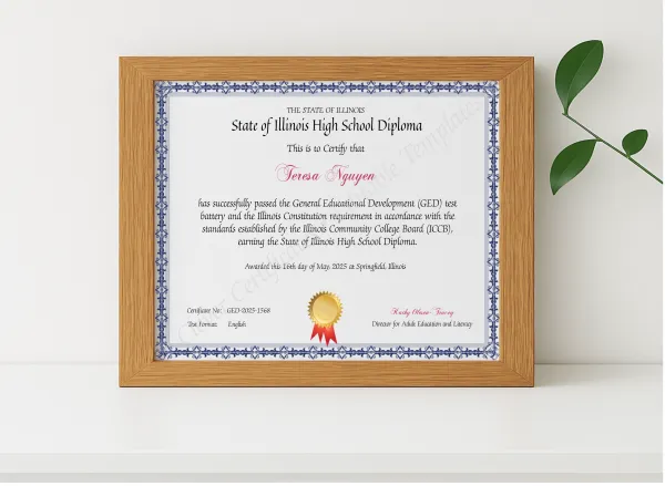 Realistic mockup featuring Official Illinois GED Certificate displayed within a modern frame, set against a minimalistic background.