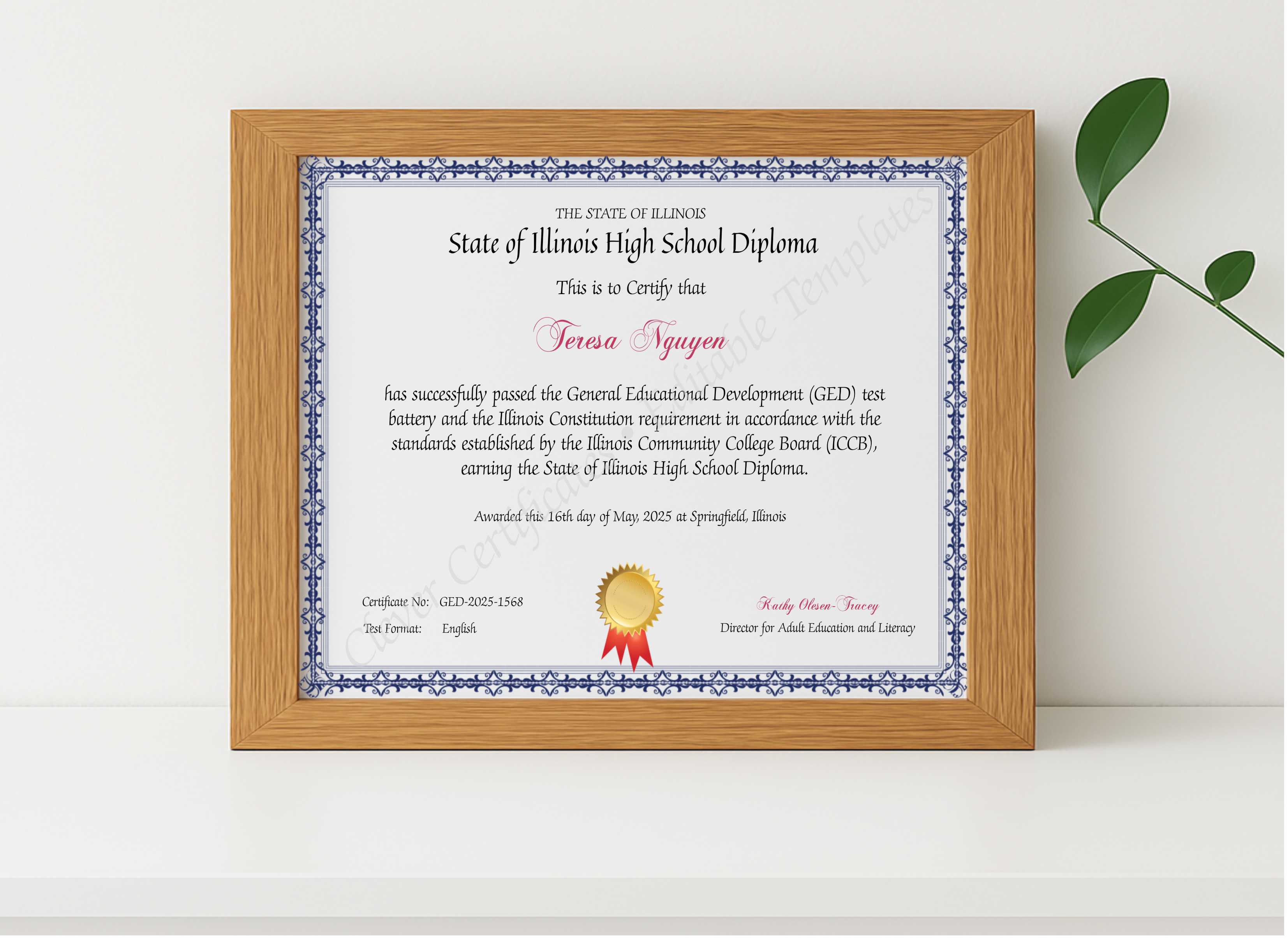 Realistic mockup featuring Official Illinois GED Certificate displayed within a modern frame, set against a minimalistic background.