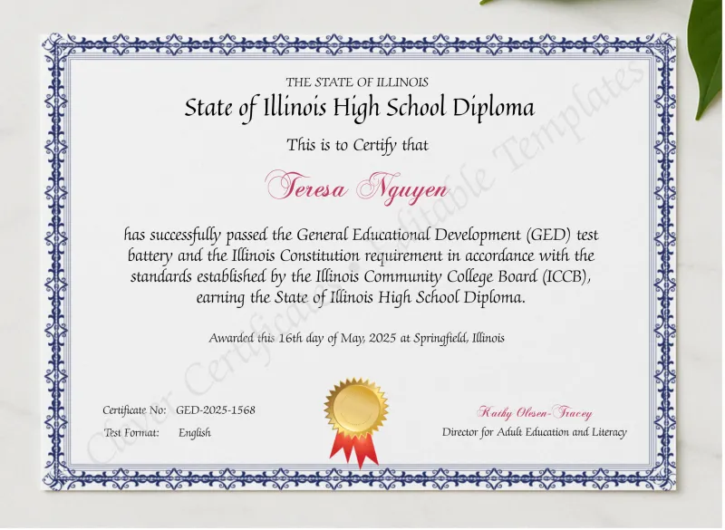 Official Illinois GED Certificate presented in a sleek wooden frame, elegantly arranged on a stylish table.