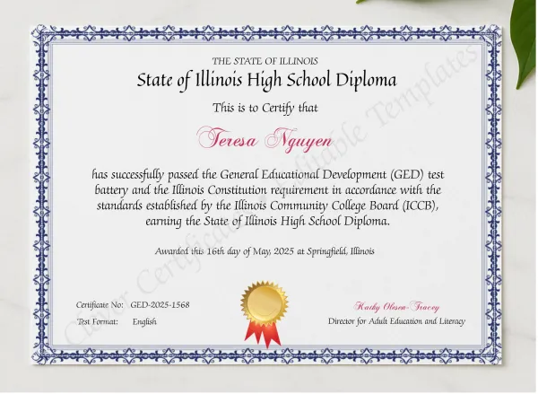 Official Illinois GED Certificate presented in a sleek wooden frame, elegantly arranged on a stylish table.