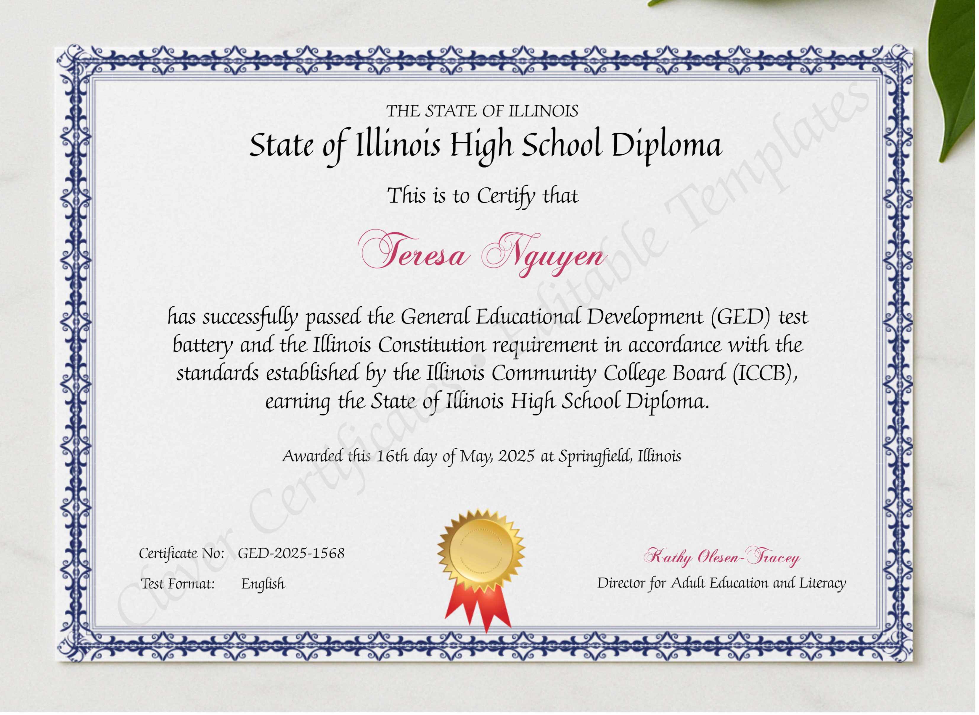 Official Illinois GED Certificate presented in a sleek wooden frame, elegantly arranged on a stylish table.