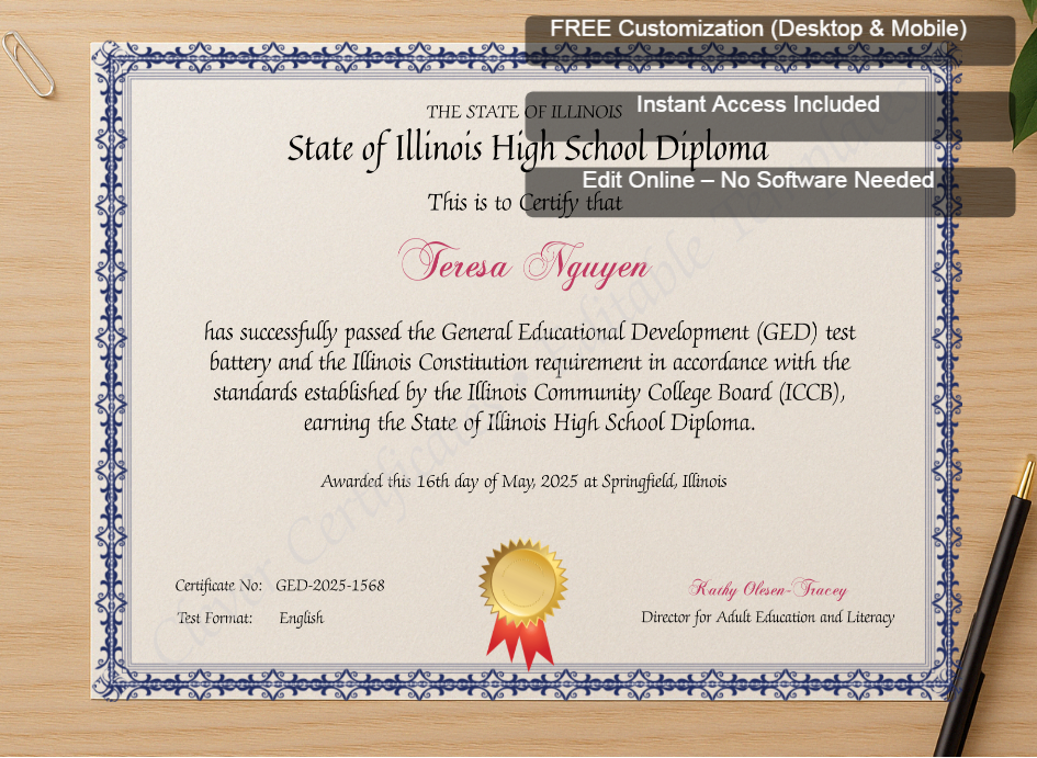 Zoomed preview with Free Editor badge stack for Official Illinois GED Certificate