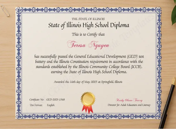 Professional preview of Official Illinois GED Certificate certificate on high-quality stationery paper, ideal for showcasing the final look.