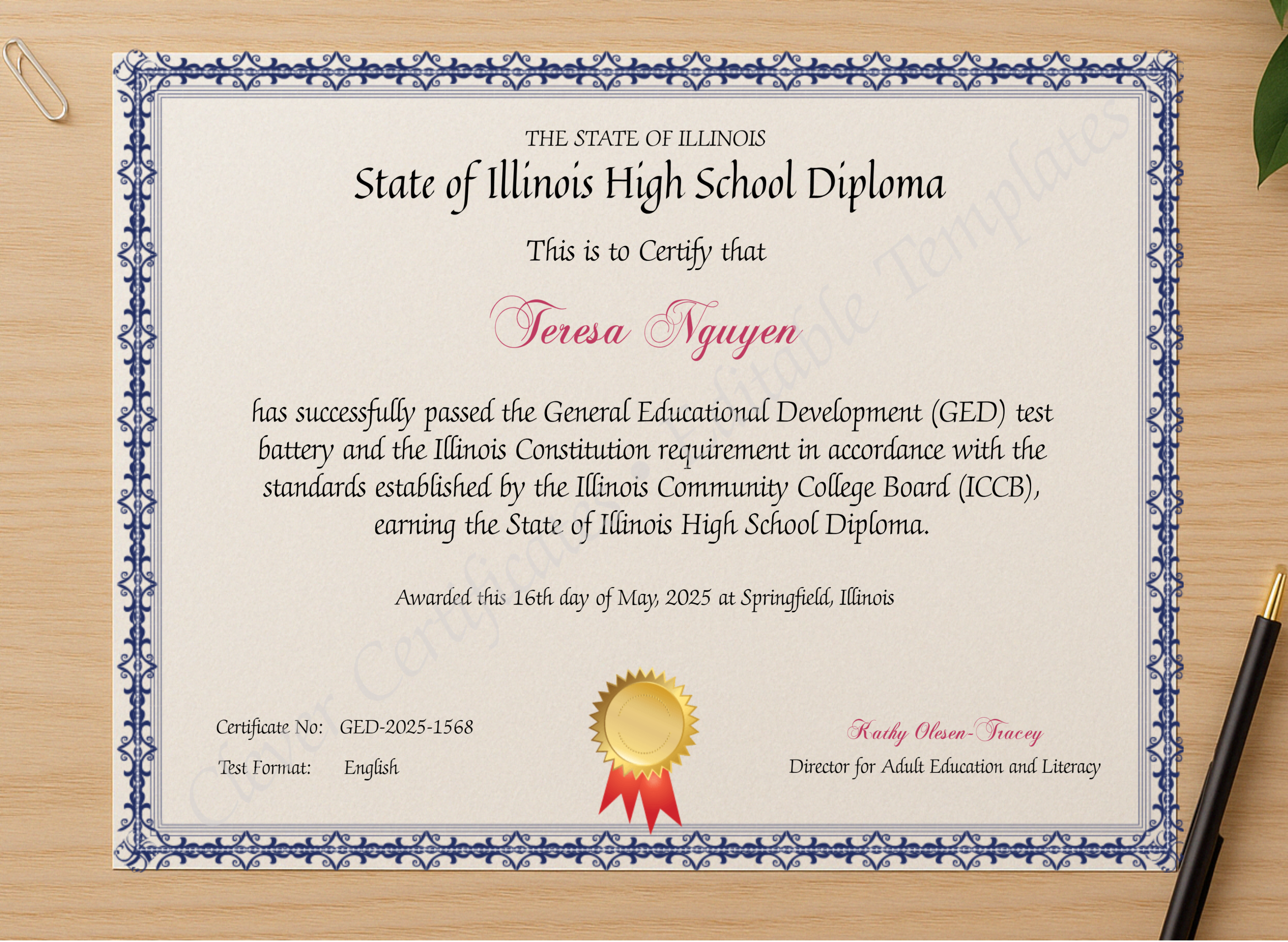 Professional preview of Official Illinois GED Certificate certificate on high-quality stationery paper, ideal for showcasing the final look.