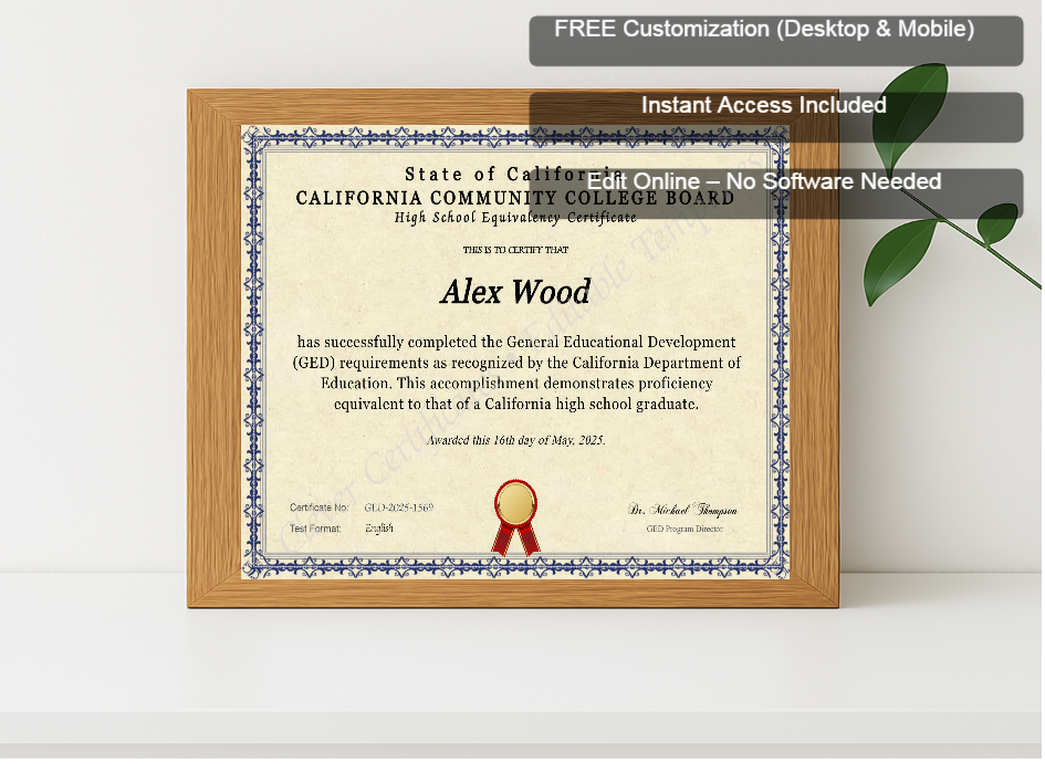 Premium mockup with Free Editor badge stack for California Ged