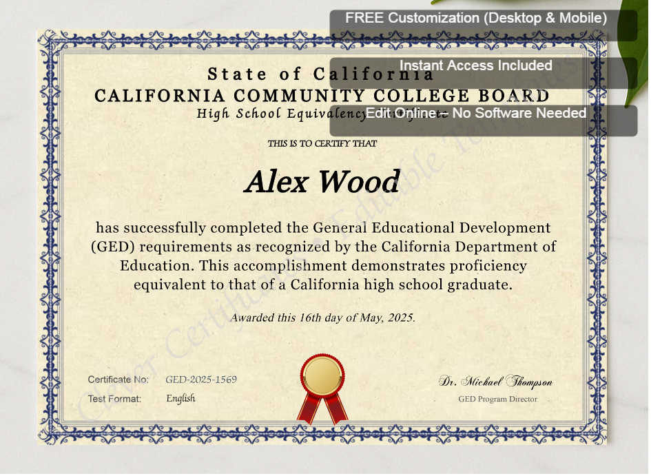 Framed preview featuring Free Editor badge stack for California Ged