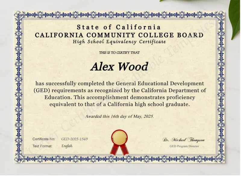 California Ged presented in a sleek wooden frame, elegantly arranged on a stylish table.