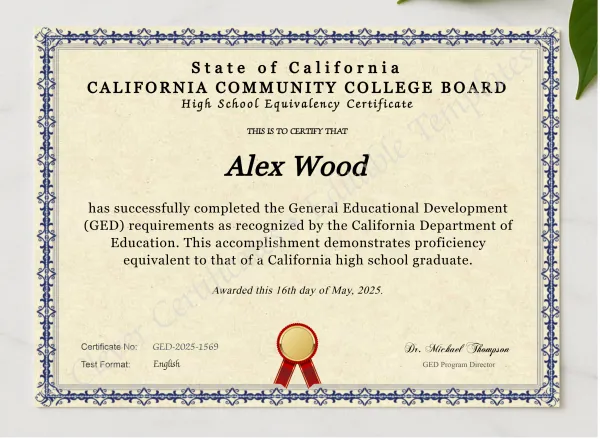 California Ged presented in a sleek wooden frame, elegantly arranged on a stylish table.