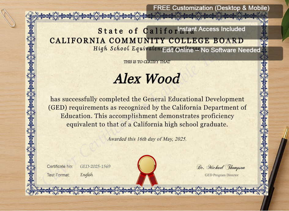 Zoomed preview with Free Editor badge stack for California Ged
