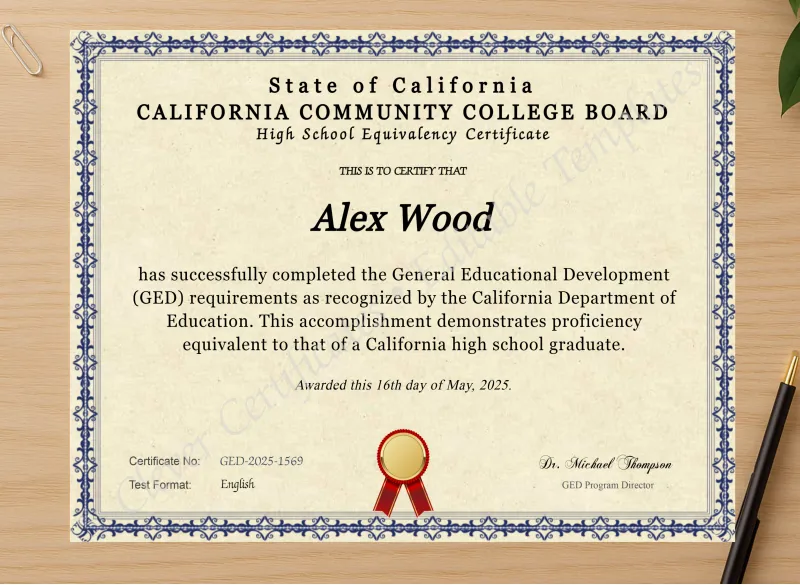 Professional preview of California Ged certificate on high-quality stationery paper, ideal for showcasing the final look.