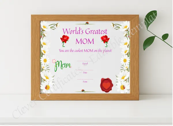 Realistic mockup featuring Greatest Mom Award displayed within a modern frame, set against a minimalistic background.