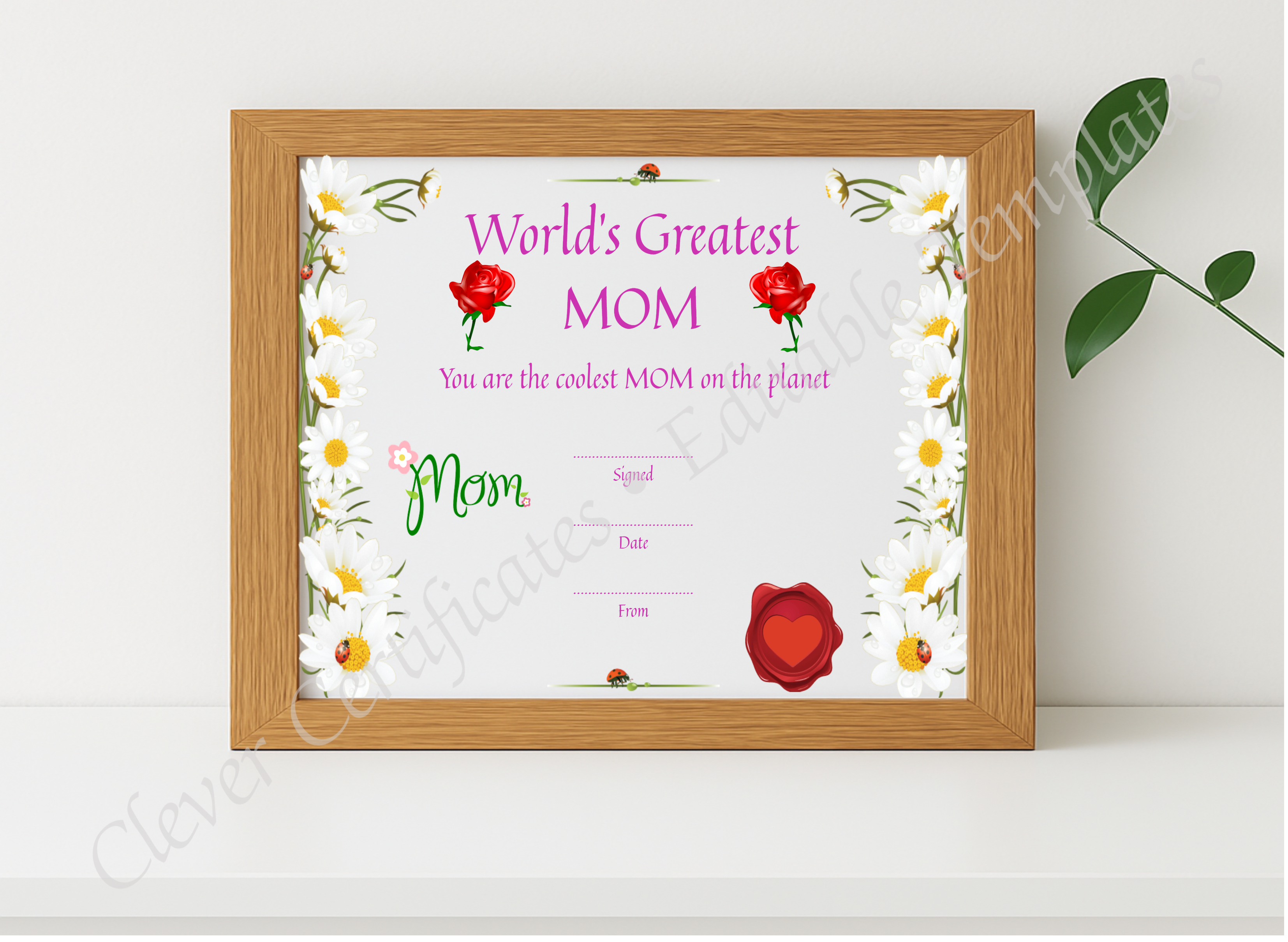 Realistic mockup featuring Greatest Mom Award displayed within a modern frame, set against a minimalistic background.