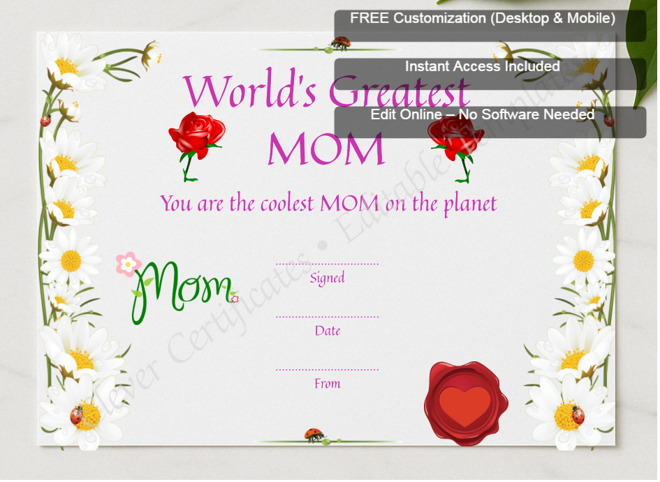Framed preview featuring Free Editor badge stack for Greatest Mom Award