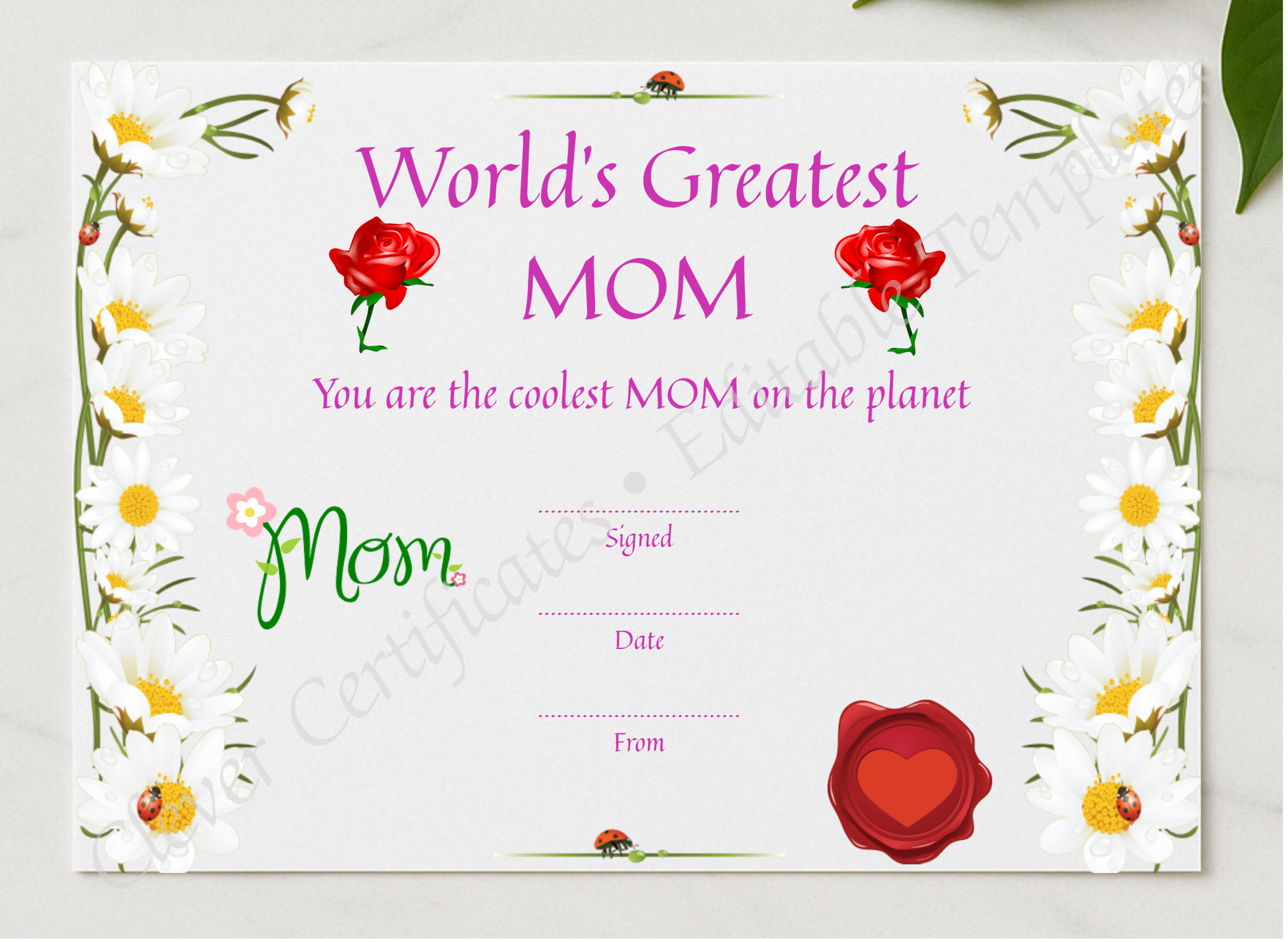 Greatest Mom Award presented in a sleek wooden frame, elegantly arranged on a stylish table.