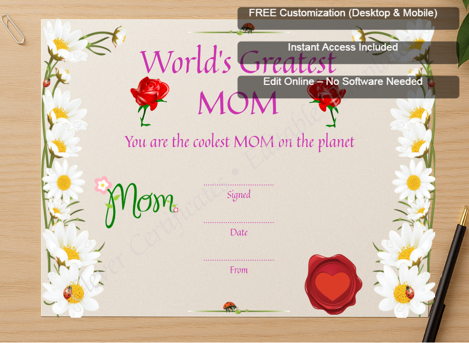 Zoomed preview with Free Editor badge stack for Greatest Mom Award