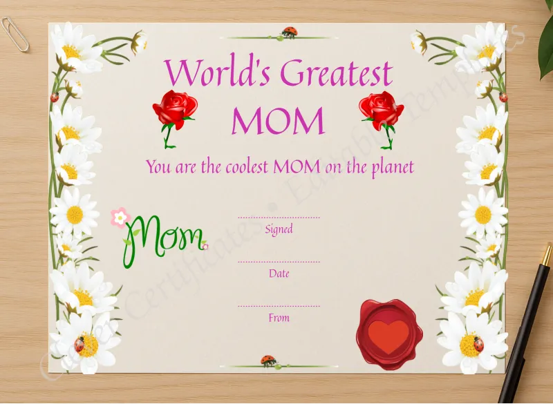 Professional preview of Greatest Mom Award certificate on high-quality stationery paper, ideal for showcasing the final look.