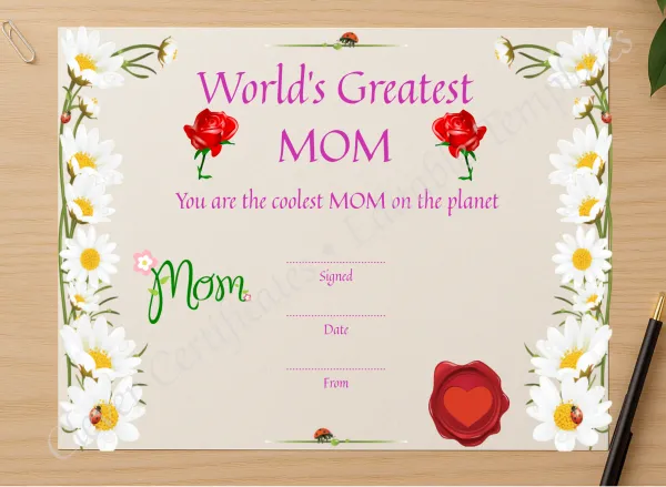 Professional preview of Greatest Mom Award certificate on high-quality stationery paper, ideal for showcasing the final look.