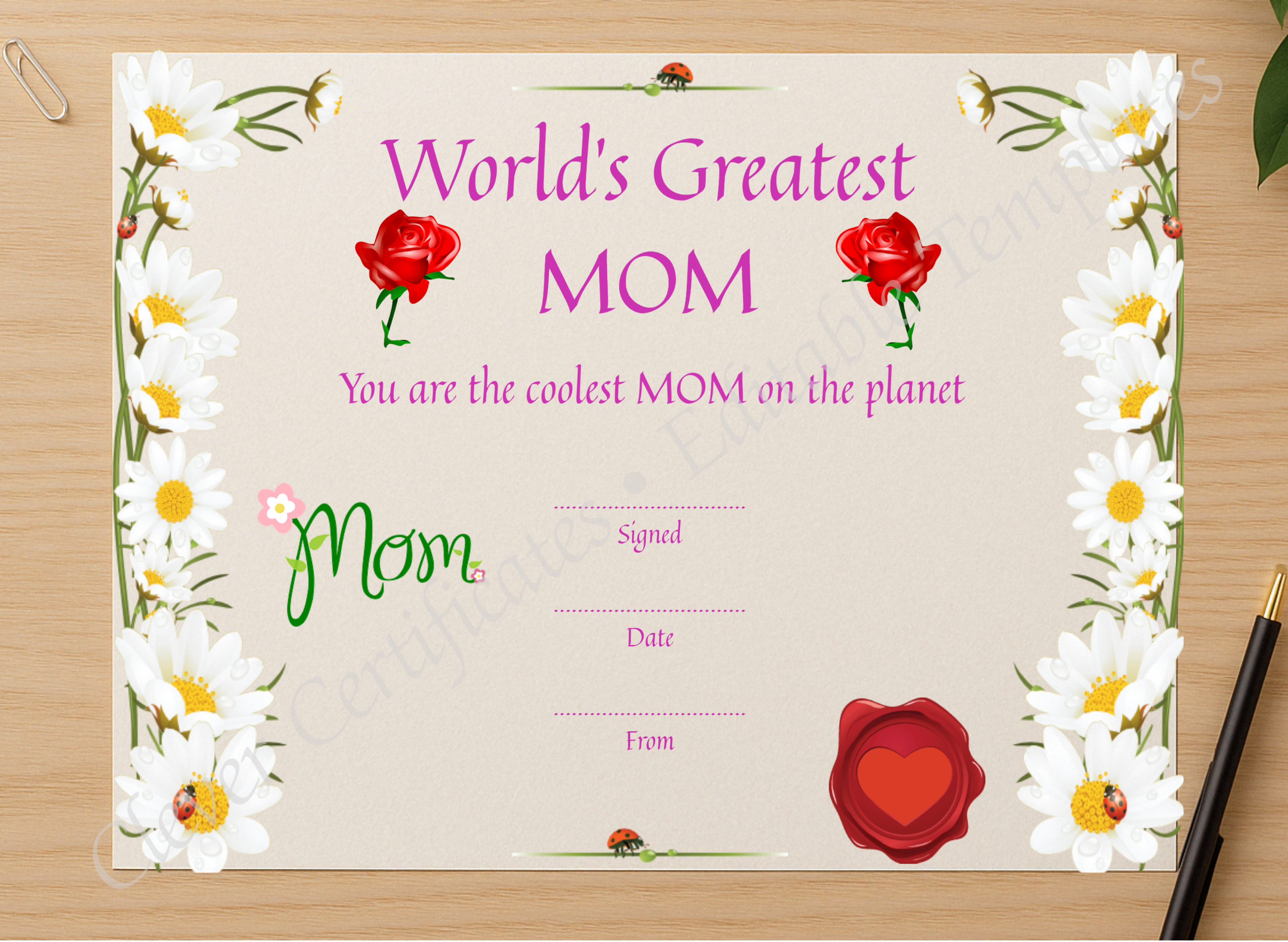 Professional preview of Greatest Mom Award certificate on high-quality stationery paper, ideal for showcasing the final look.