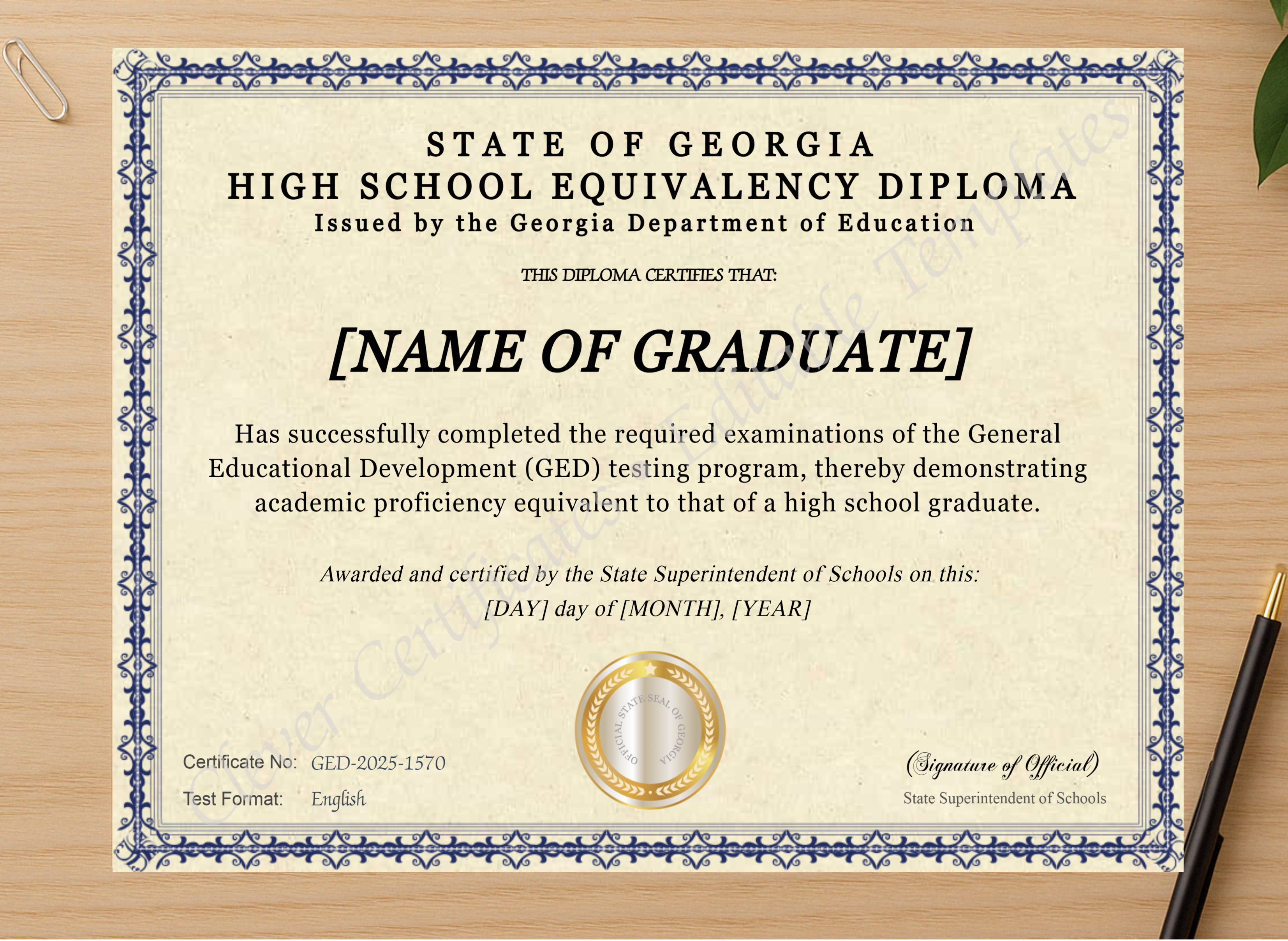 Professional preview of Georgia Ged certificate on high-quality stationery paper, ideal for showcasing the final look.