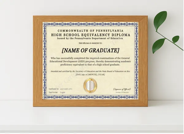 Realistic mockup featuring Pennsylvania Ged displayed within a modern frame, set against a minimalistic background.
