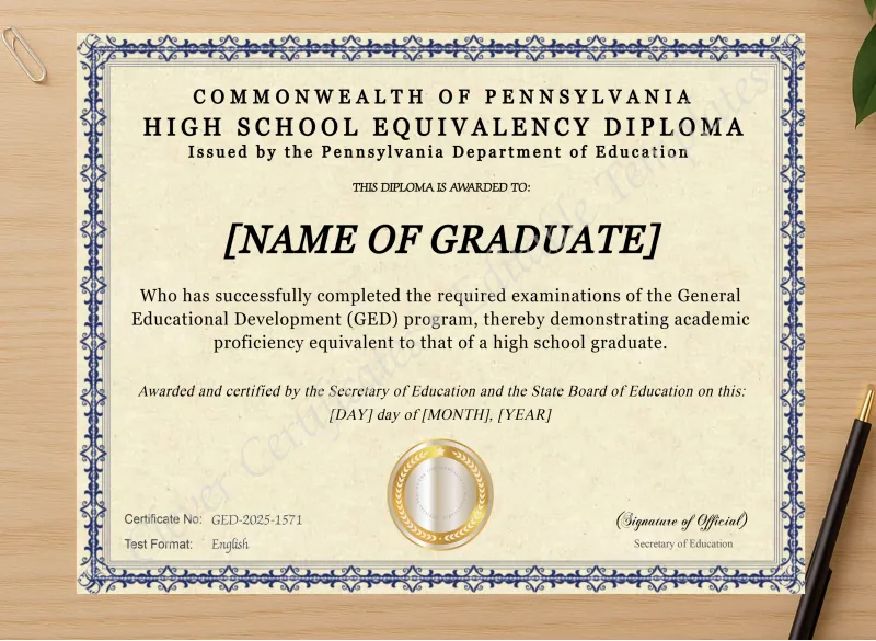 Professional preview of Pennsylvania Ged certificate on high-quality stationery paper, ideal for showcasing the final look.