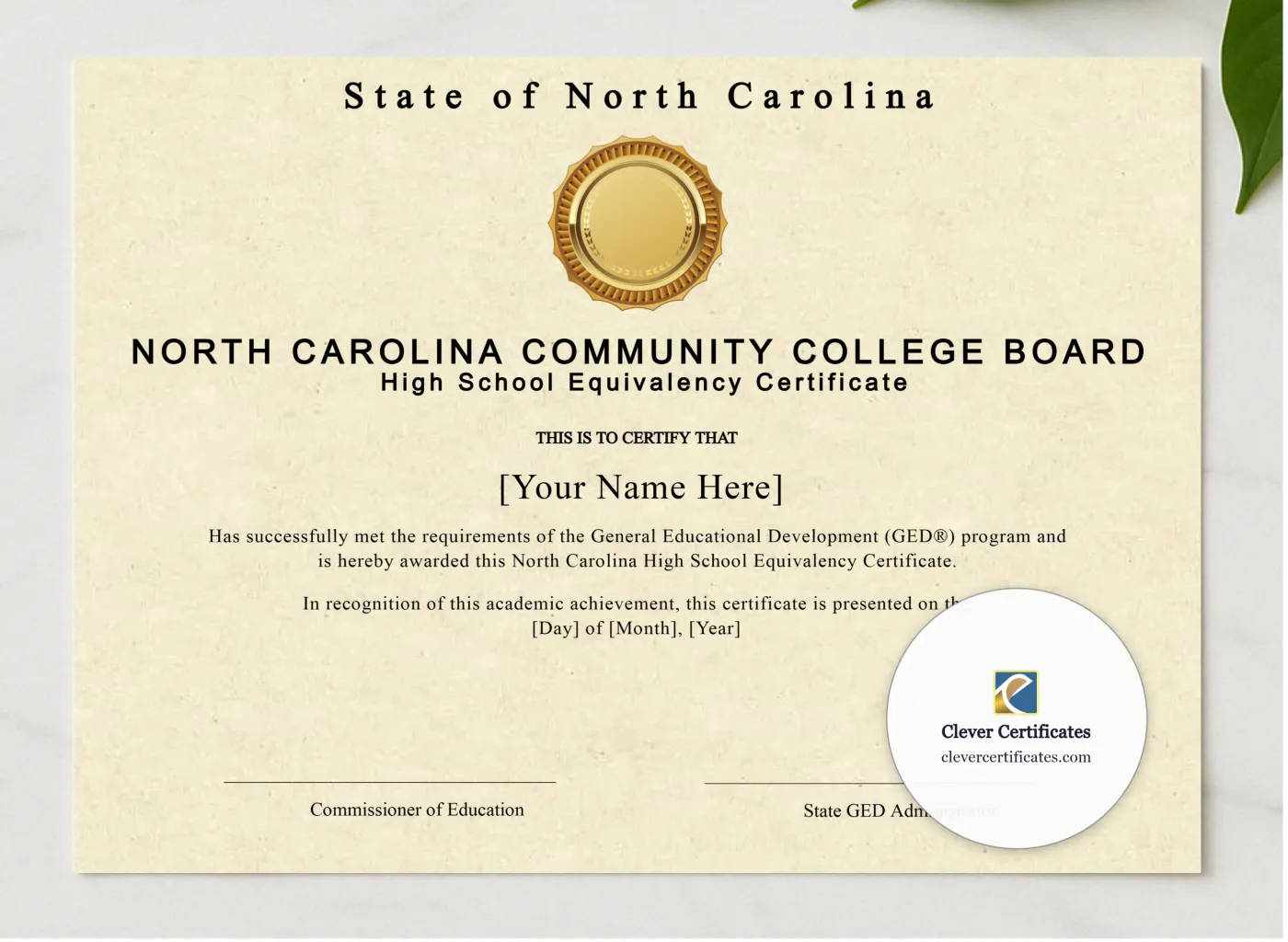 North Carolina Ged presented in a sleek wooden frame, elegantly arranged on a stylish table.