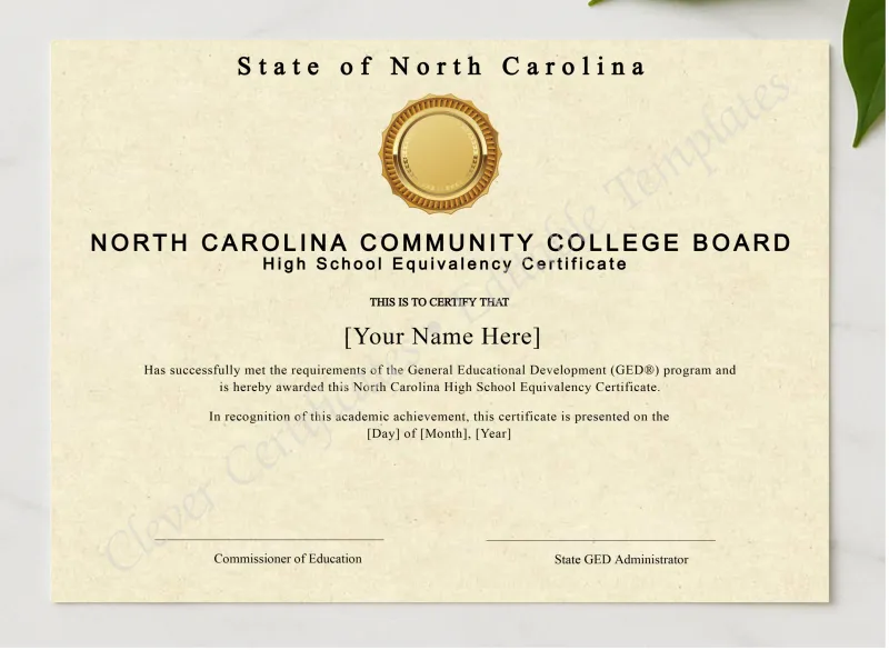 North Carolina Ged presented in a sleek wooden frame, elegantly arranged on a stylish table.