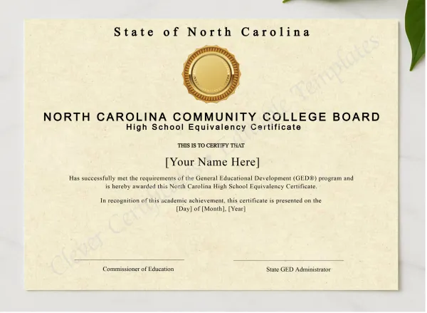 North Carolina Ged presented in a sleek wooden frame, elegantly arranged on a stylish table.