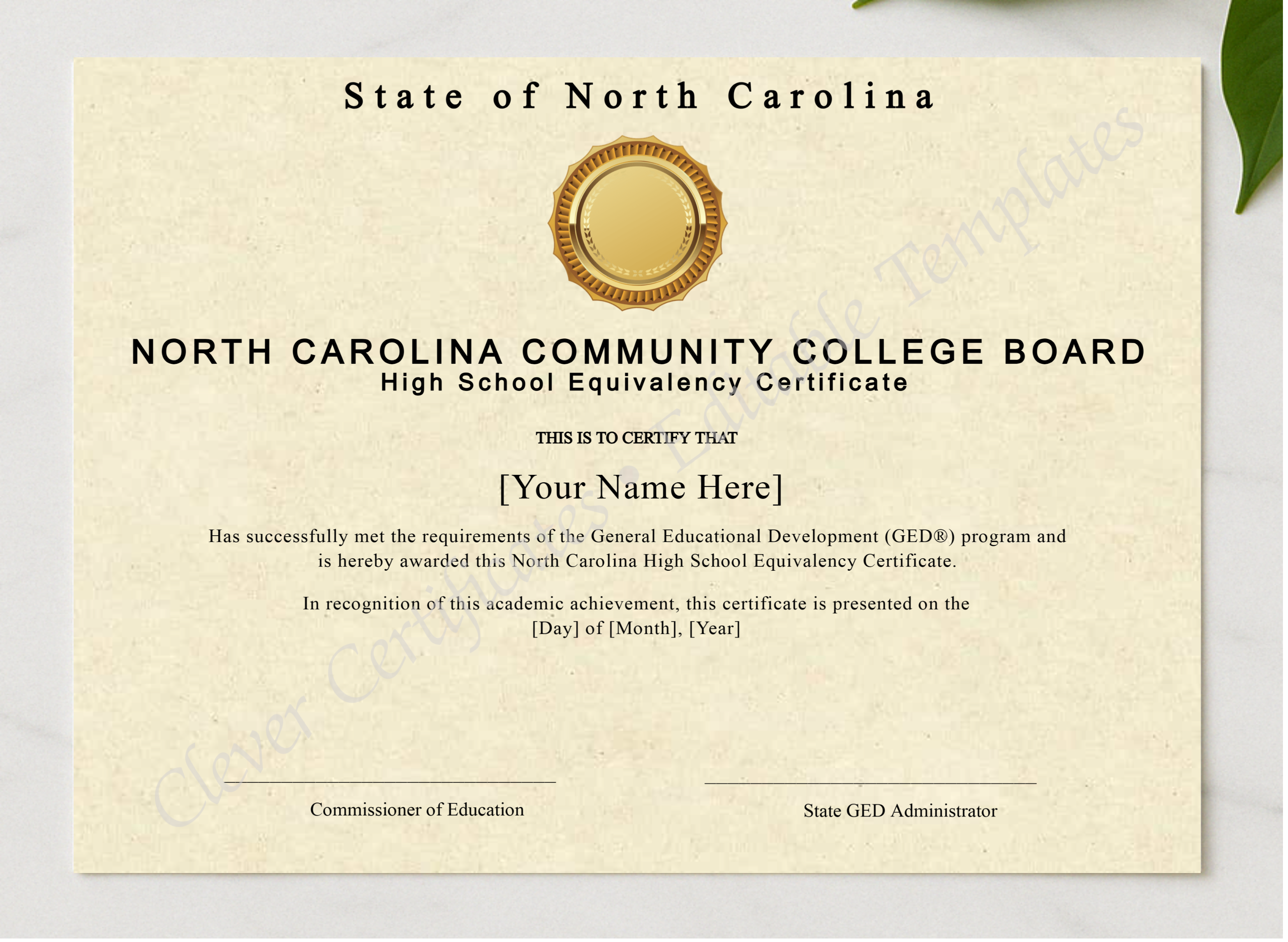 North Carolina Ged presented in a sleek wooden frame, elegantly arranged on a stylish table.