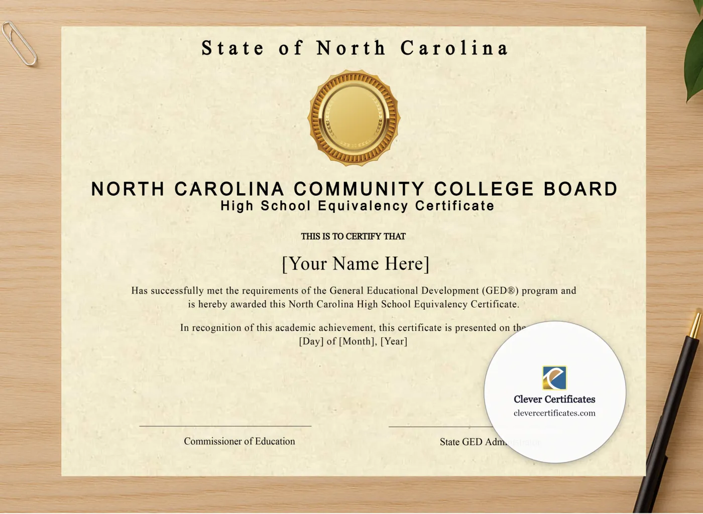 Professional preview of North Carolina Ged certificate on high-quality stationery paper, ideal for showcasing the final look.