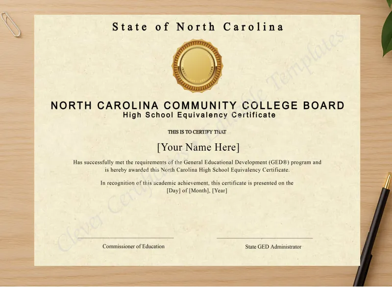 Professional preview of North Carolina Ged certificate on high-quality stationery paper, ideal for showcasing the final look.