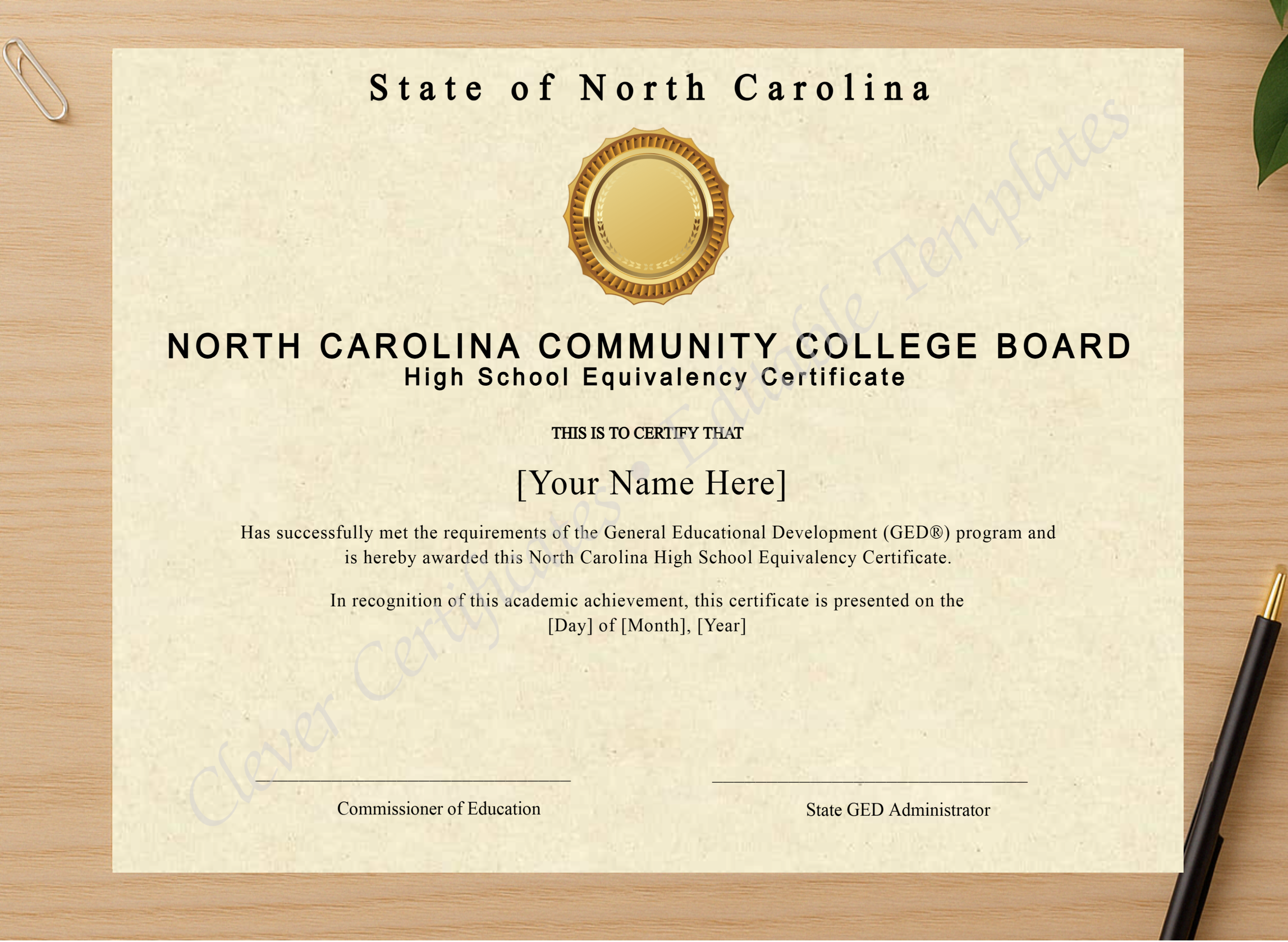 Professional preview of North Carolina Ged certificate on high-quality stationery paper, ideal for showcasing the final look.