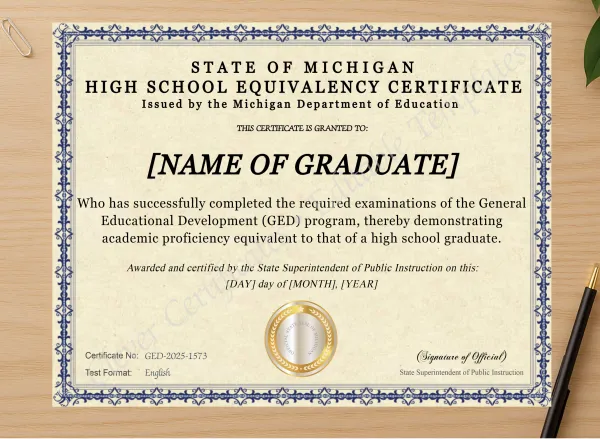 Professional preview of Michigan Ged certificate on high-quality stationery paper, ideal for showcasing the final look.
