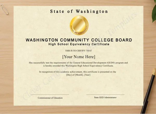 Professional preview of Washington Ged certificate on high-quality stationery paper, ideal for showcasing the final look.