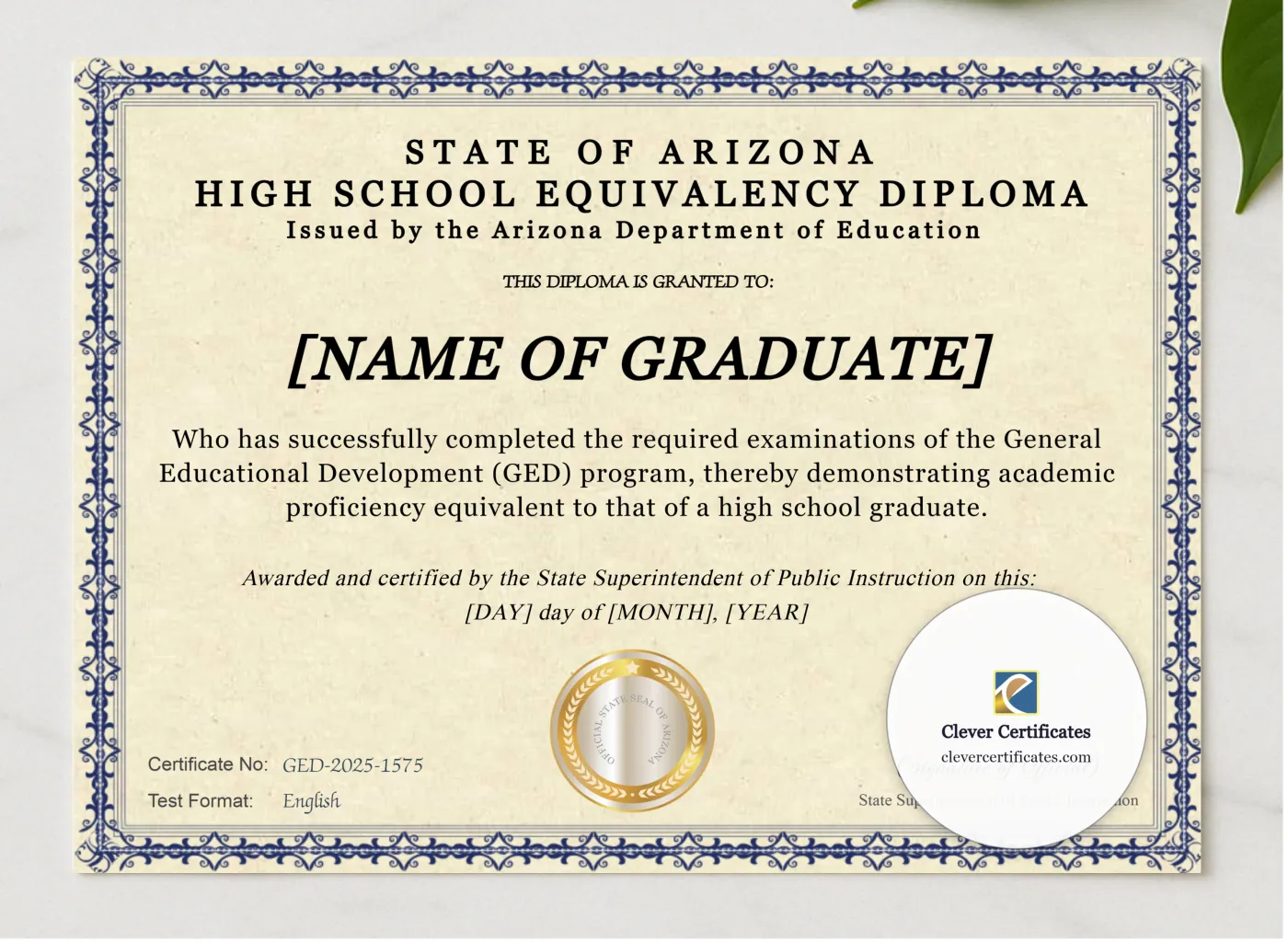 Arizona Ged presented in a sleek wooden frame, elegantly arranged on a stylish table.