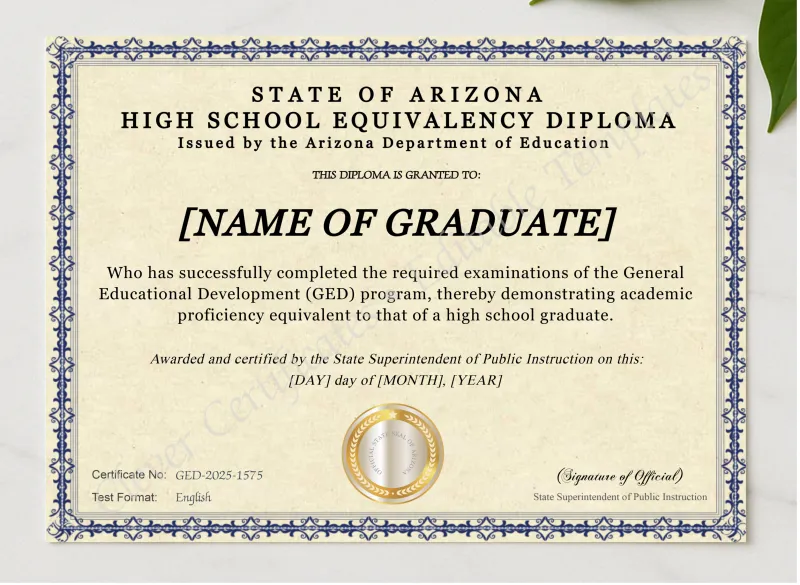 Arizona Ged presented in a sleek wooden frame, elegantly arranged on a stylish table.