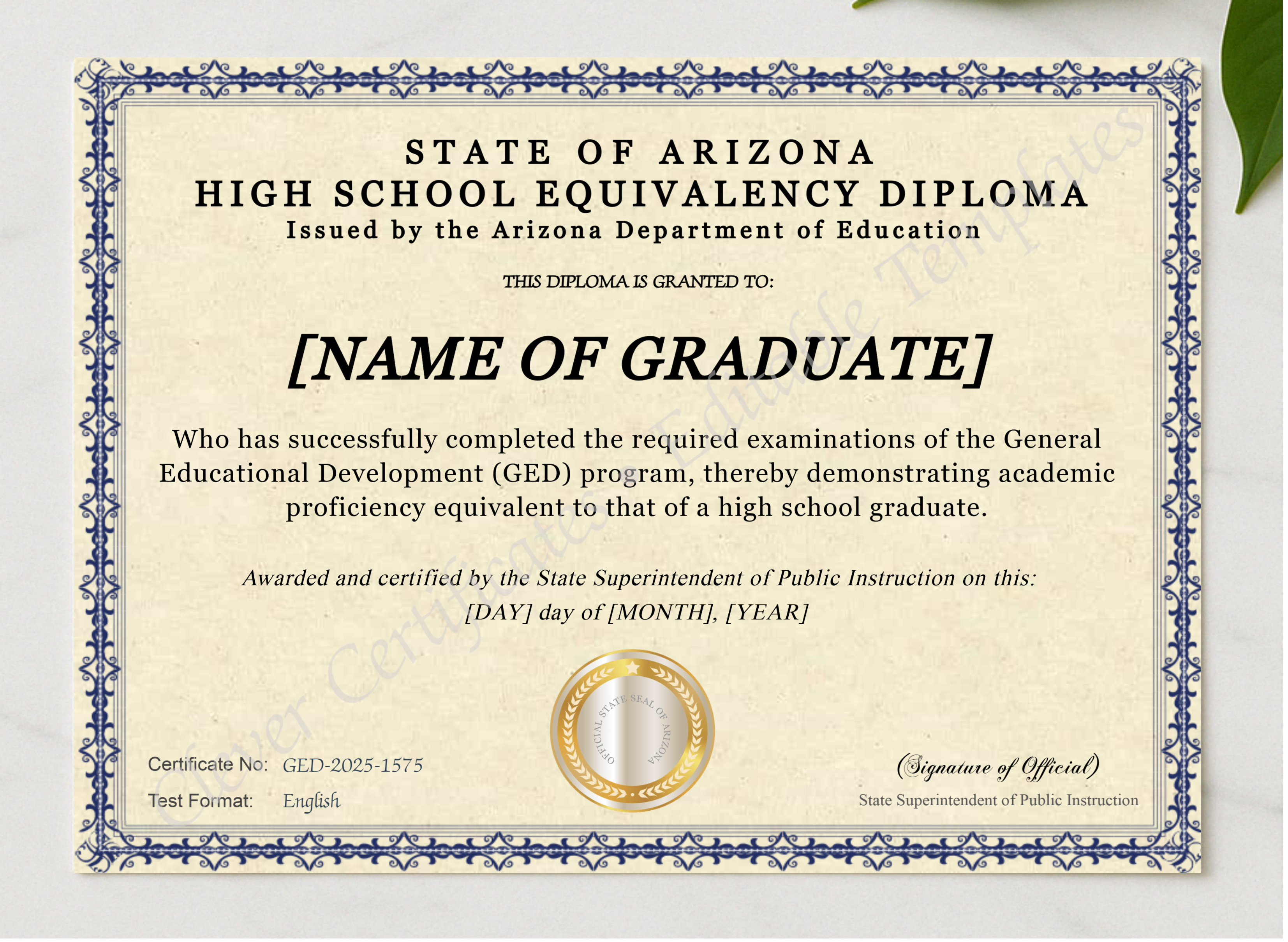 Arizona Ged presented in a sleek wooden frame, elegantly arranged on a stylish table.