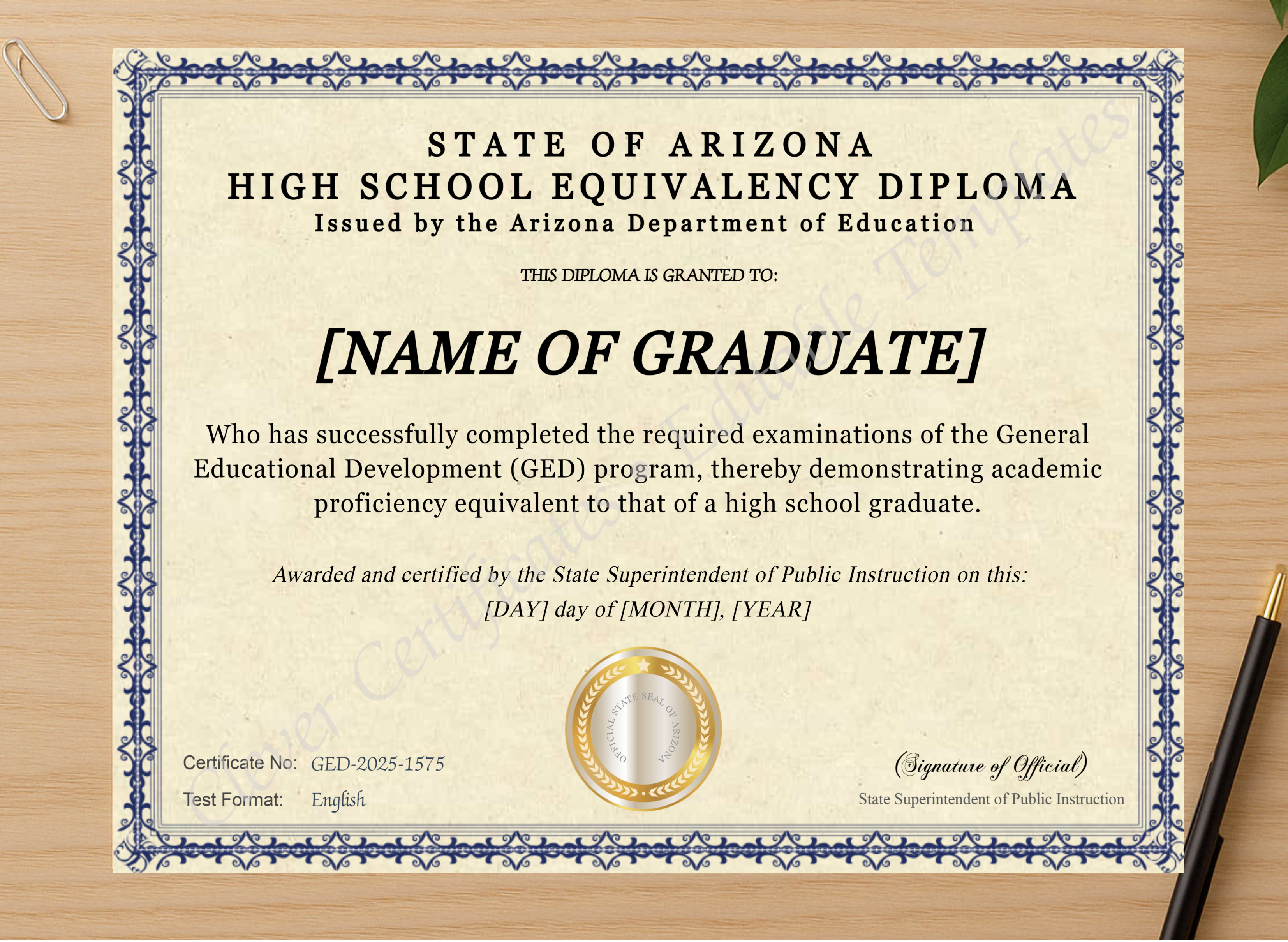 Professional preview of Arizona Ged certificate on high-quality stationery paper, ideal for showcasing the final look.