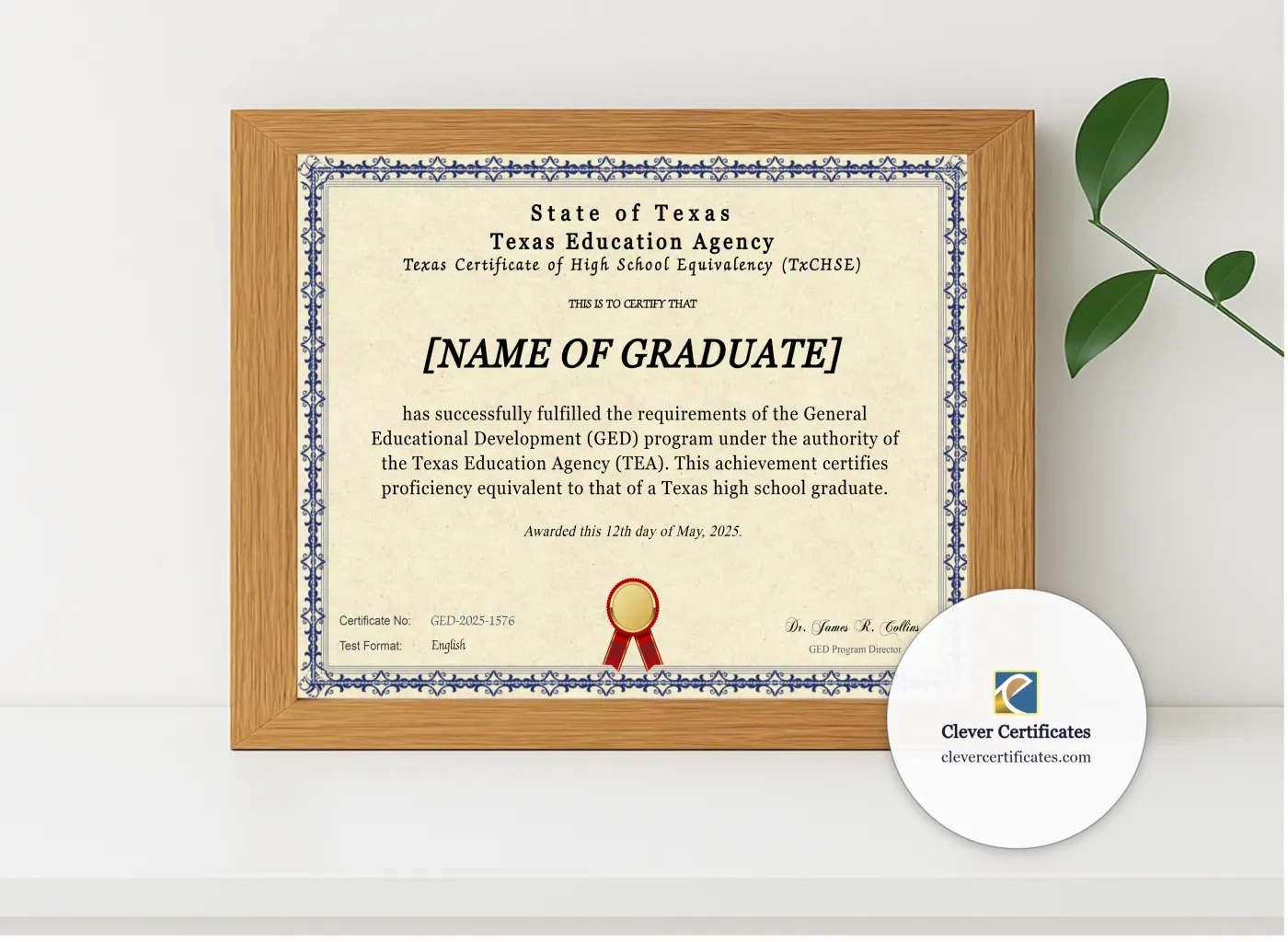 Realistic mockup featuring Texas Ged displayed within a modern frame, set against a minimalistic background.