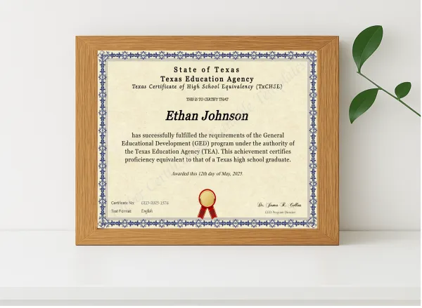 Realistic mockup featuring Texas Ged displayed within a modern frame, set against a minimalistic background.