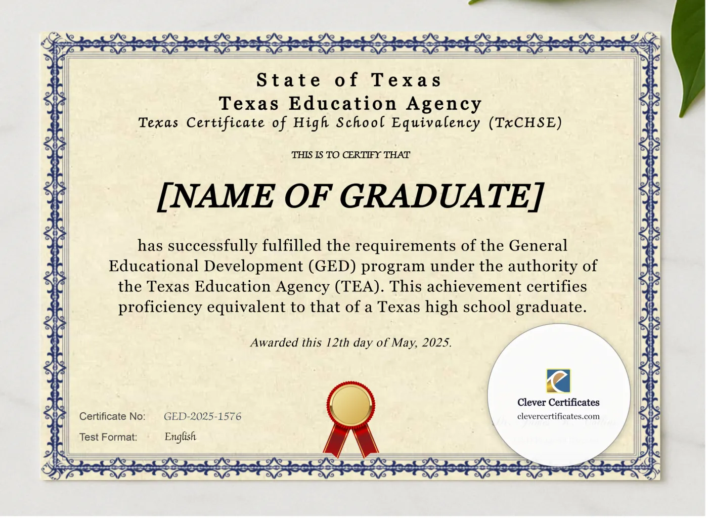 Texas Ged presented in a sleek wooden frame, elegantly arranged on a stylish table.