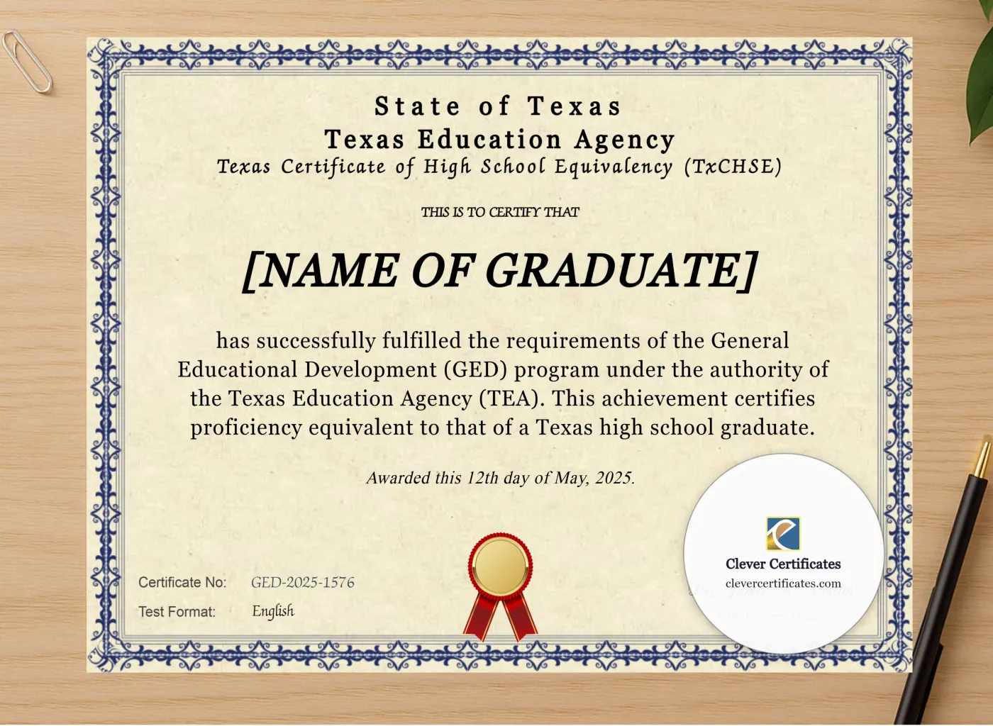 Professional preview of Texas Ged certificate on high-quality stationery paper, ideal for showcasing the final look.