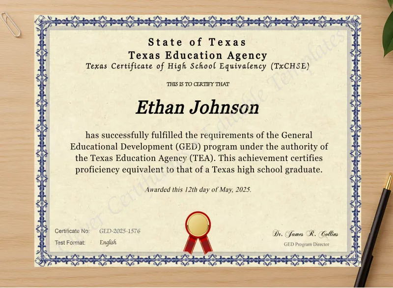 Professional preview of Texas Ged certificate on high-quality stationery paper, ideal for showcasing the final look.