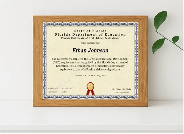 Realistic mockup featuring Florida Ged displayed within a modern frame, set against a minimalistic background.