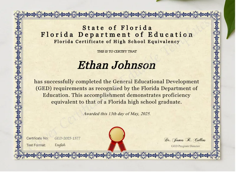 Florida Ged presented in a sleek wooden frame, elegantly arranged on a stylish table.