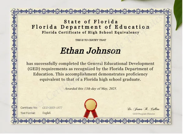 Florida Ged presented in a sleek wooden frame, elegantly arranged on a stylish table.