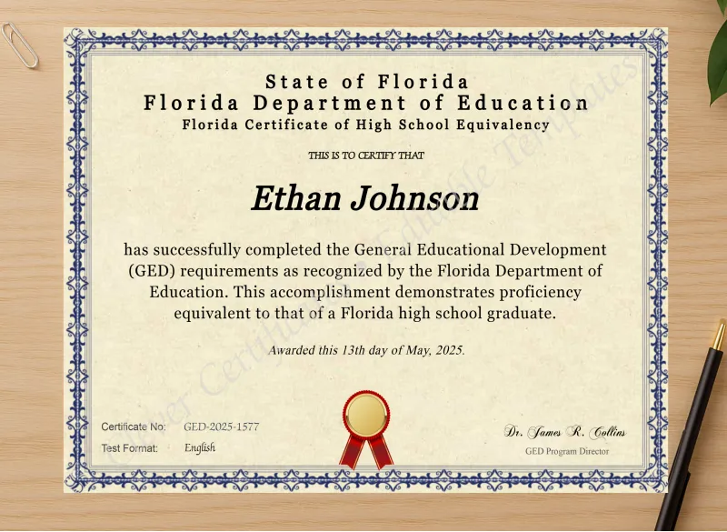 Professional preview of Florida Ged certificate on high-quality stationery paper, ideal for showcasing the final look.