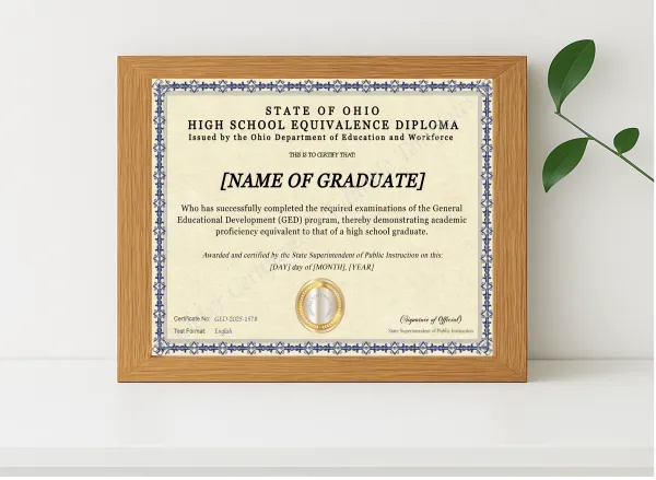 Realistic mockup featuring Ohio Ged displayed within a modern frame, set against a minimalistic background.